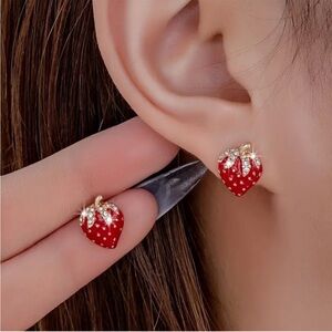 Gold-Tone Red Strawberry Crystal Stud Earrings - Women's Jewelry